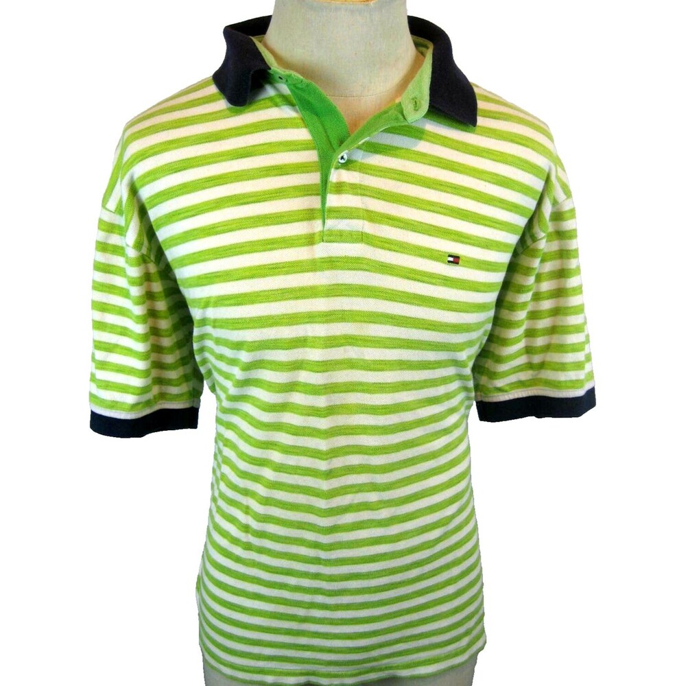 Mens Tommy Hilfiger Lime Green Striped Cotton SS Polo Golf Casual Shirt sz XL